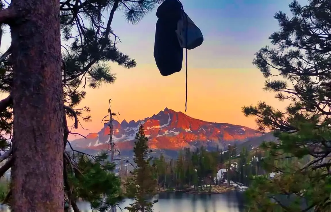 Sack "bear hang" hängt im Baum vor Berg